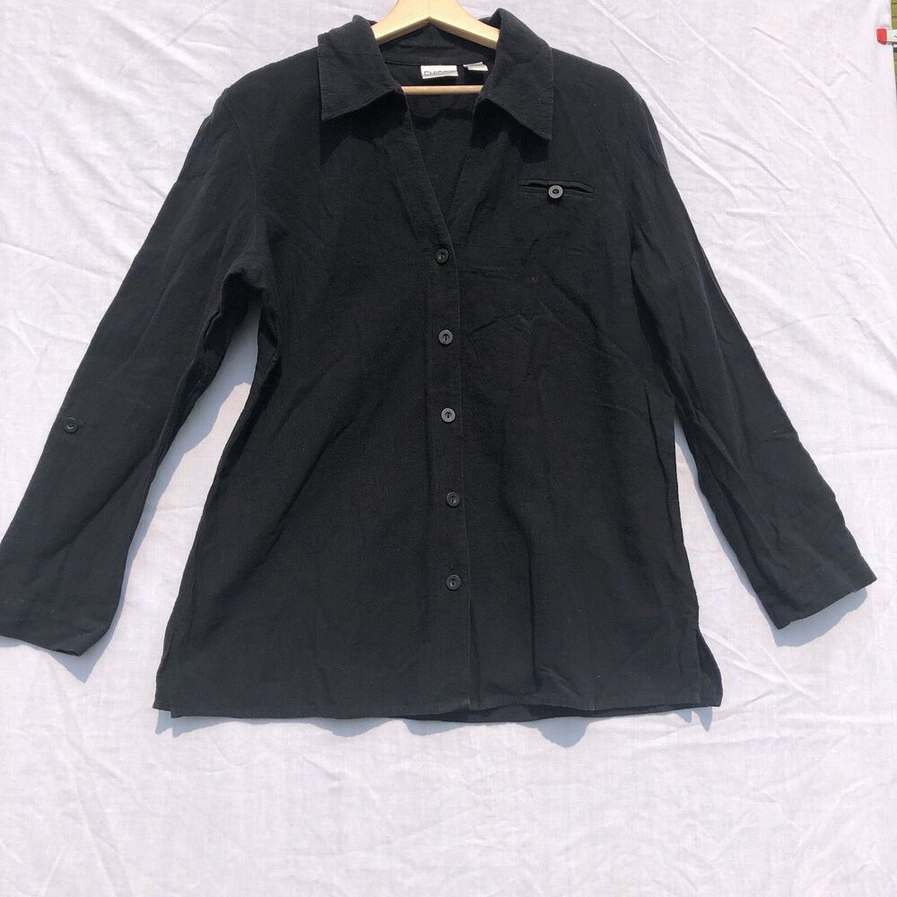 Chico's Black Textured Button Up Long Sleeve Shirt Size 2 Cotton